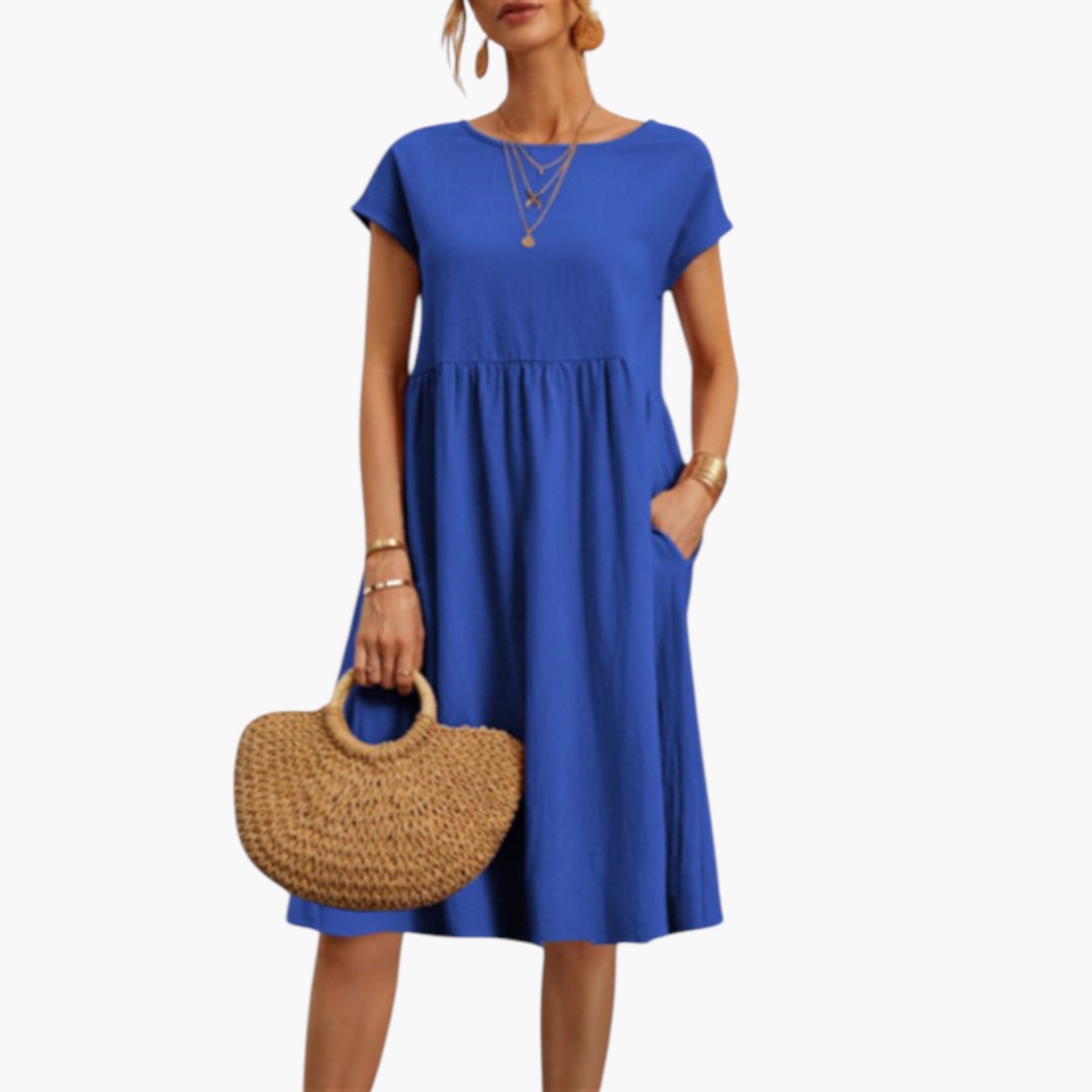 Stylish Midi Women’s Dress with Short Sleeves and Side Pockets