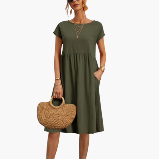 Stylish Midi Women’s Dress with Short Sleeves and Side Pockets