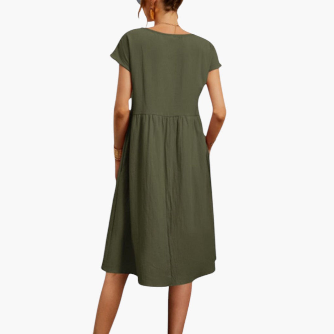Stylish Midi Women’s Dress with Short Sleeves and Side Pockets
