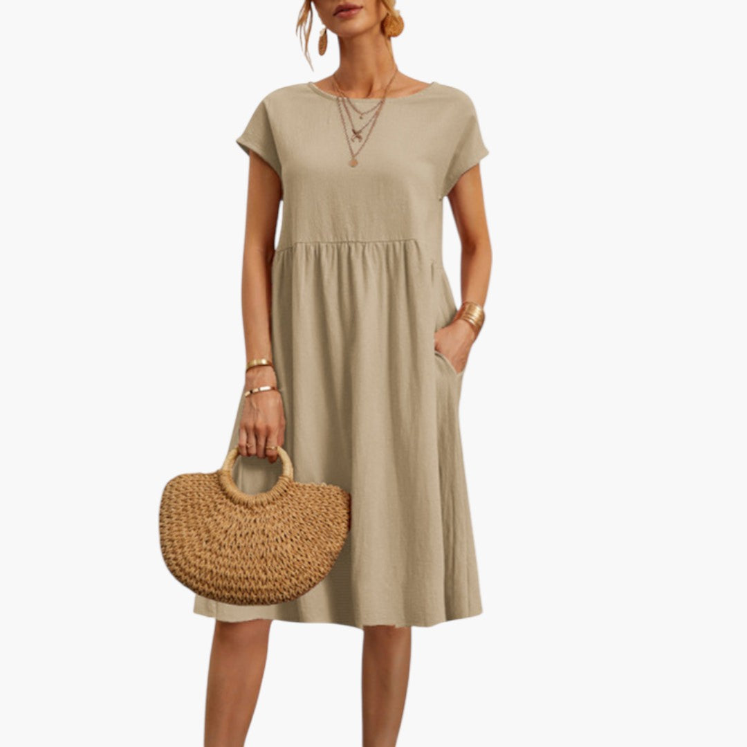Stylish Midi Women’s Dress with Short Sleeves and Side Pockets