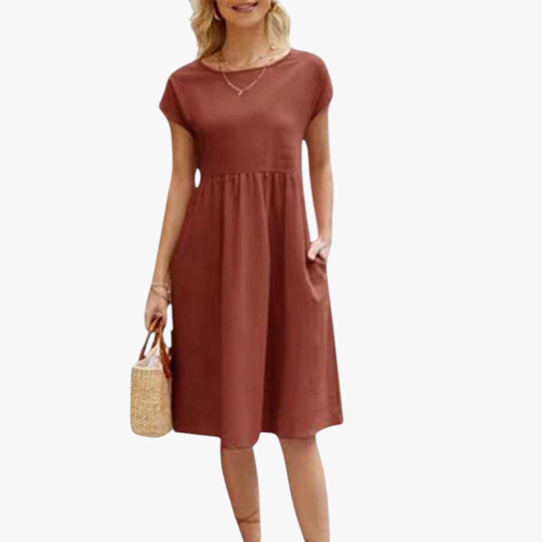 Stylish Midi Women’s Dress with Short Sleeves and Side Pockets
