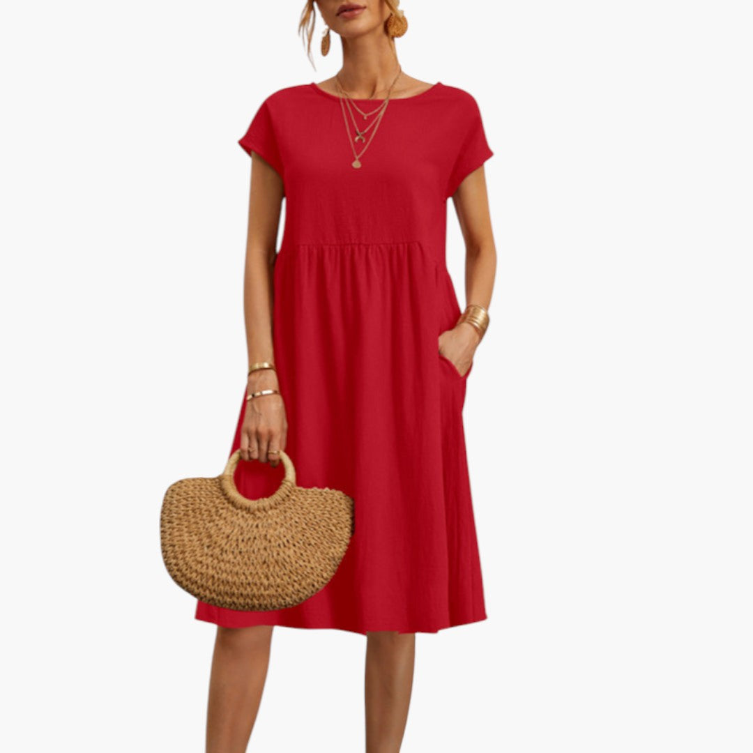 Stylish Midi Women’s Dress with Short Sleeves and Side Pockets