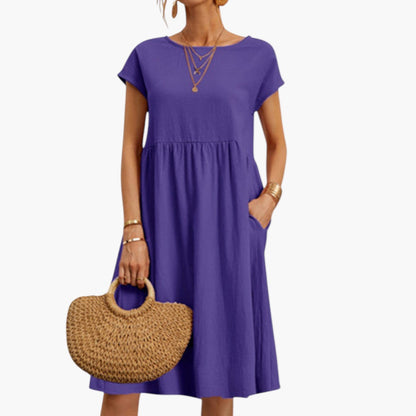 Stylish Midi Women’s Dress with Short Sleeves and Side Pockets