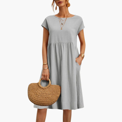 Stylish Midi Women’s Dress with Short Sleeves and Side Pockets