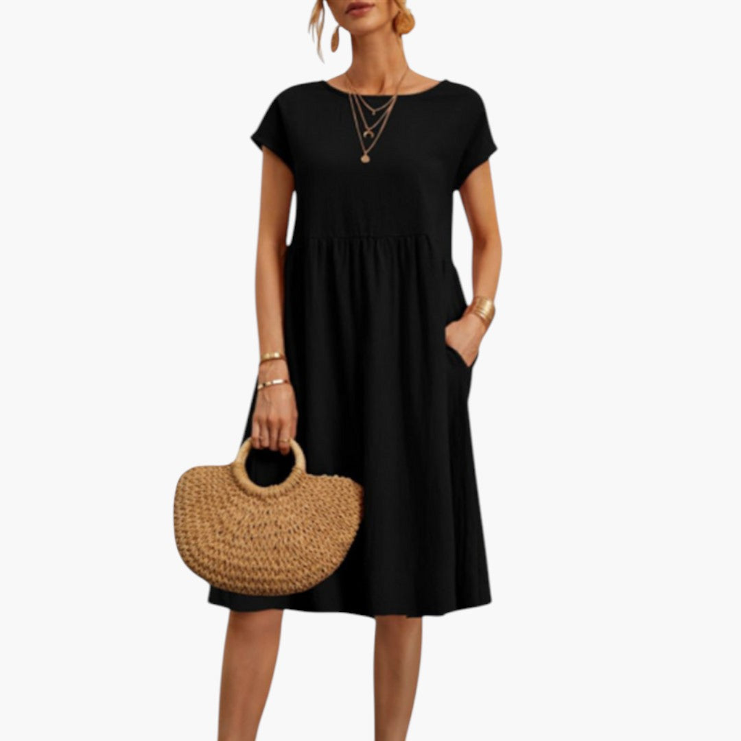 Stylish Midi Women’s Dress with Short Sleeves and Side Pockets