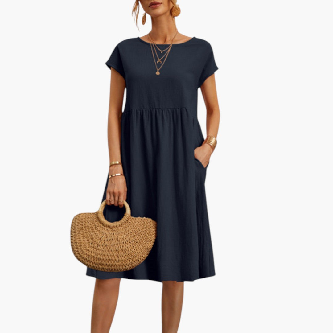 Stylish Midi Women’s Dress with Short Sleeves and Side Pockets