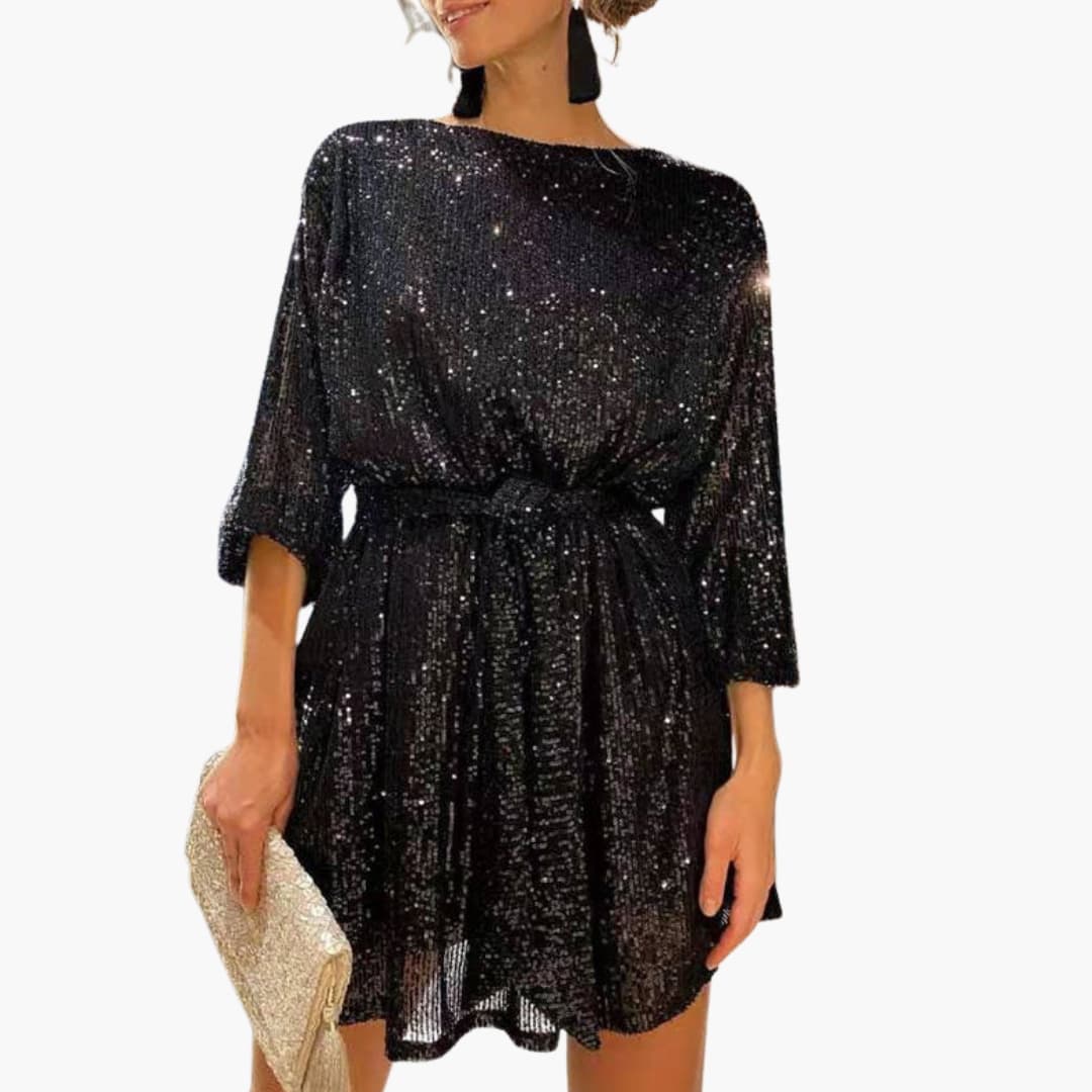 Elegant Women’s Cocktail Dress with Waist Belt and Rhinestone Details