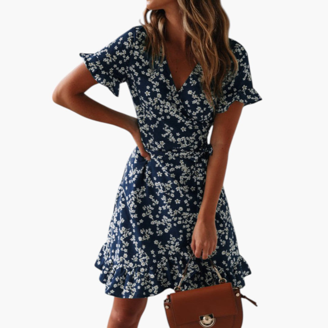 Stylish Women’s Beach Cover-Up Dress with Wrap Waist and Ruffle Hem