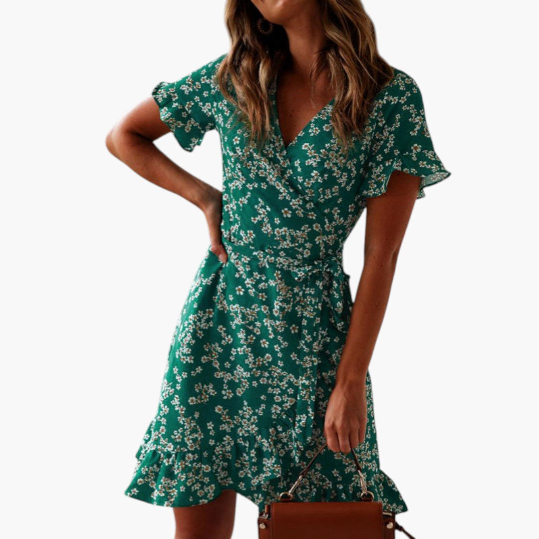 Stylish Women’s Beach Cover-Up Dress with Wrap Waist and Ruffle Hem