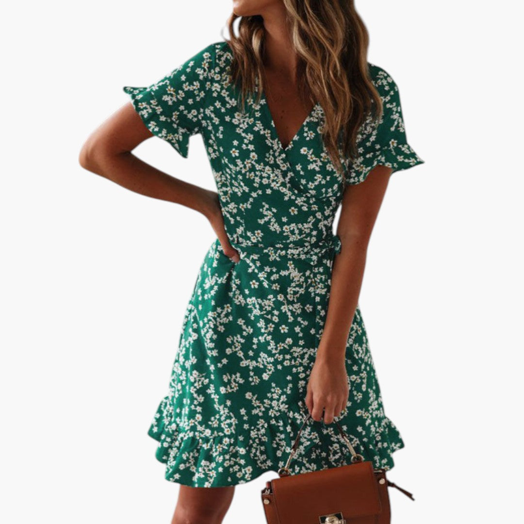 Stylish Women’s Beach Cover-Up Dress with Wrap Waist and Ruffle Hem
