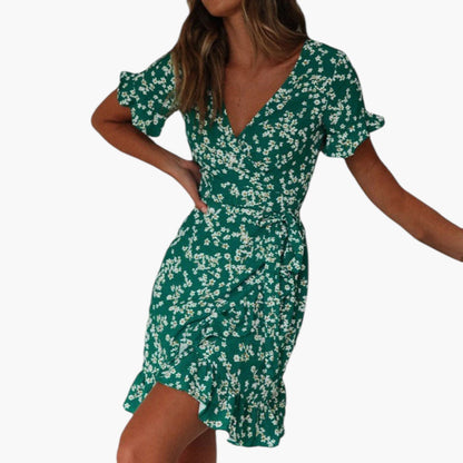 Stylish Women’s Beach Cover-Up Dress with Wrap Waist and Ruffle Hem