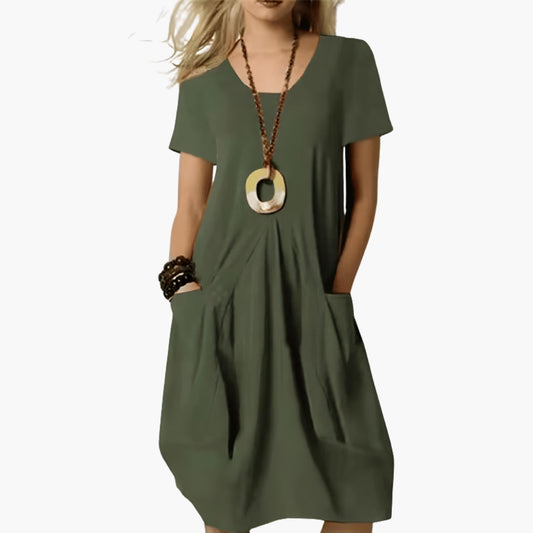 Slim-Fit Women's Midi Dress with Abdominal Panel & Pockets
