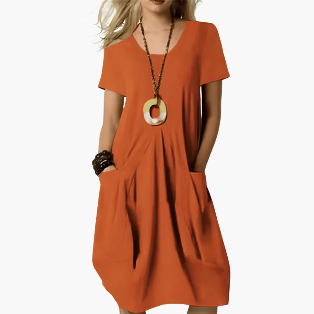 Slim-Fit Women's Midi Dress with Abdominal Panel & Pockets