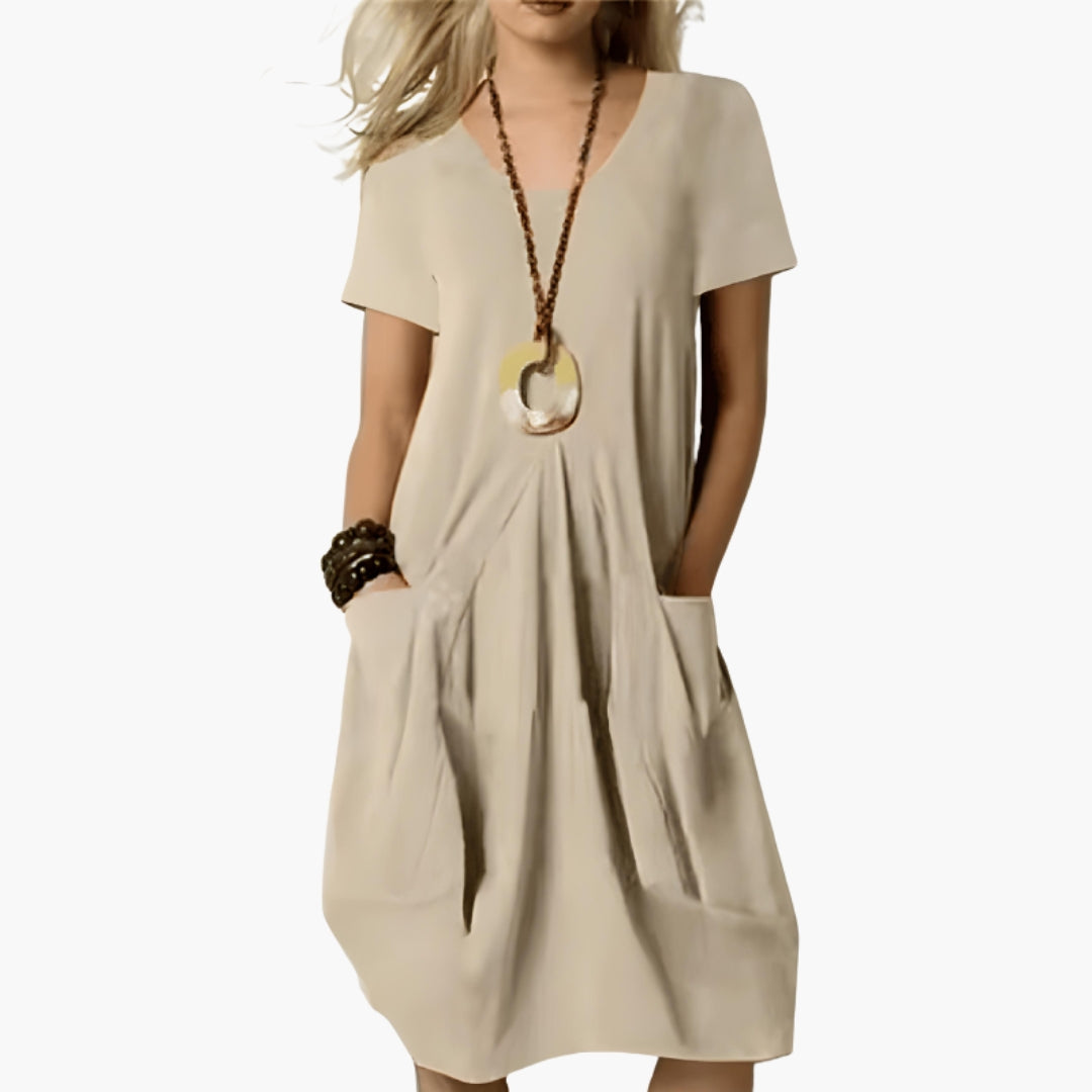 Slim-Fit Women's Midi Dress with Abdominal Panel & Pockets
