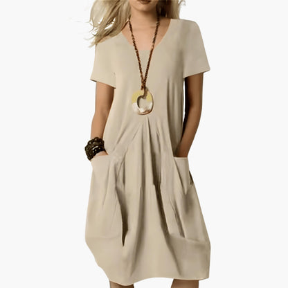Slim-Fit Women's Midi Dress with Abdominal Panel & Pockets