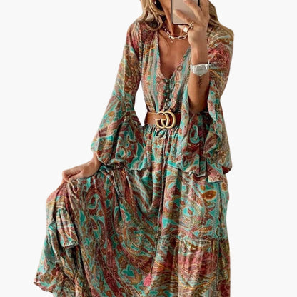 Elegant Paisley Print Maxi Dress Flared Sleeves