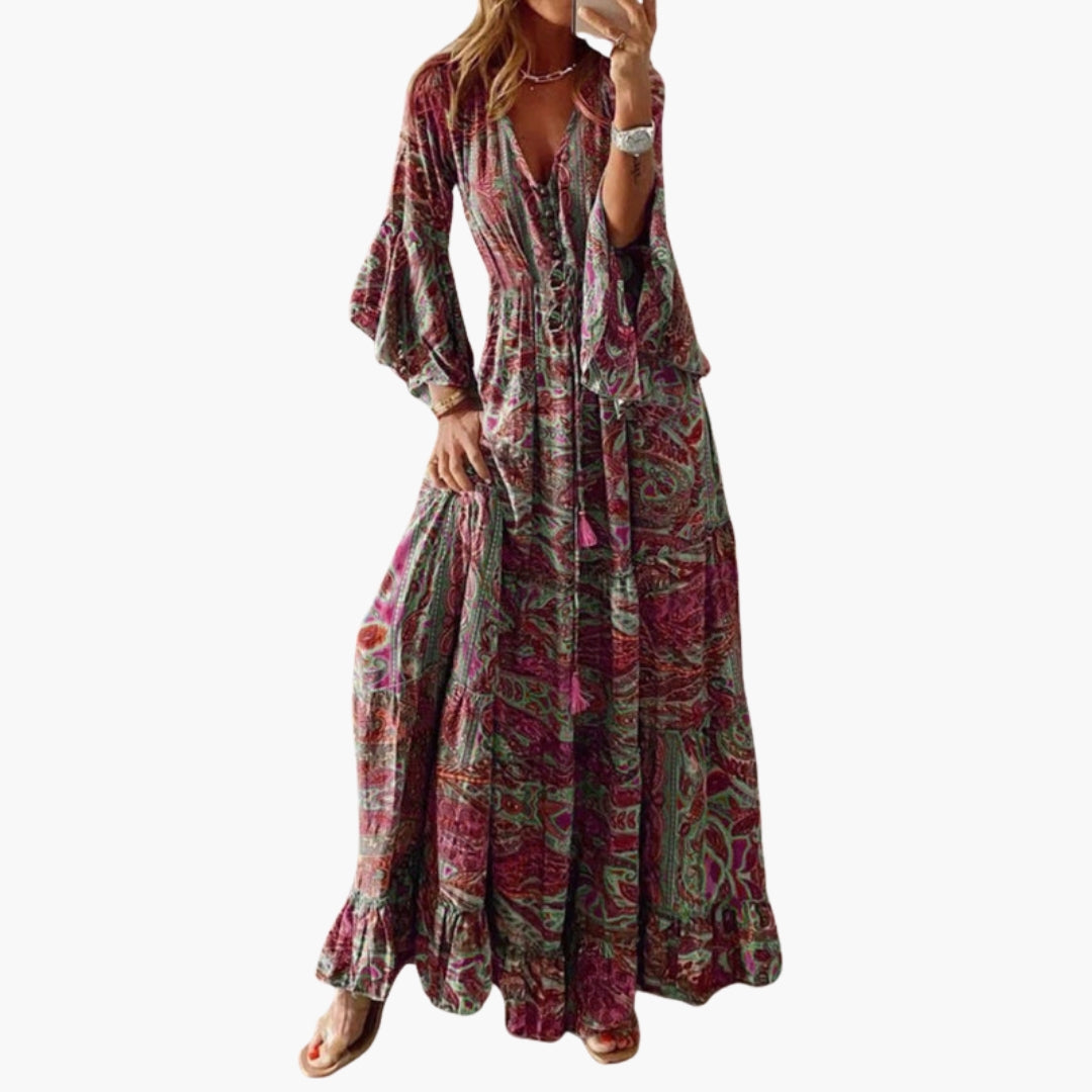 Elegant Paisley Print Maxi Dress Flared Sleeves