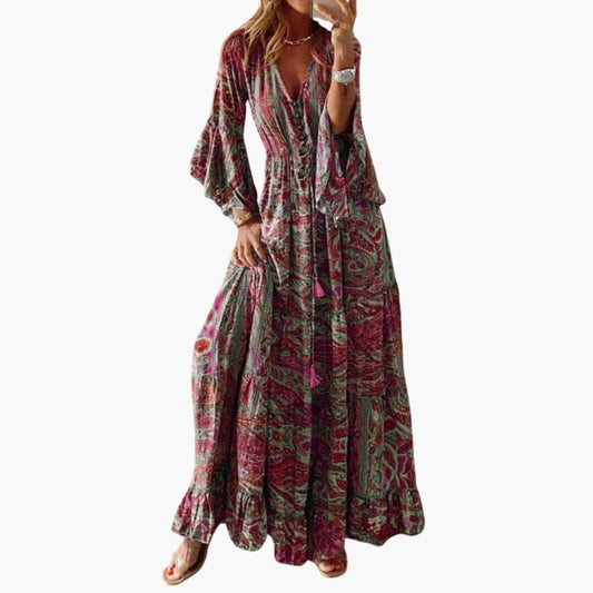 Elegant Paisley Print Maxi Dress Flared Sleeves