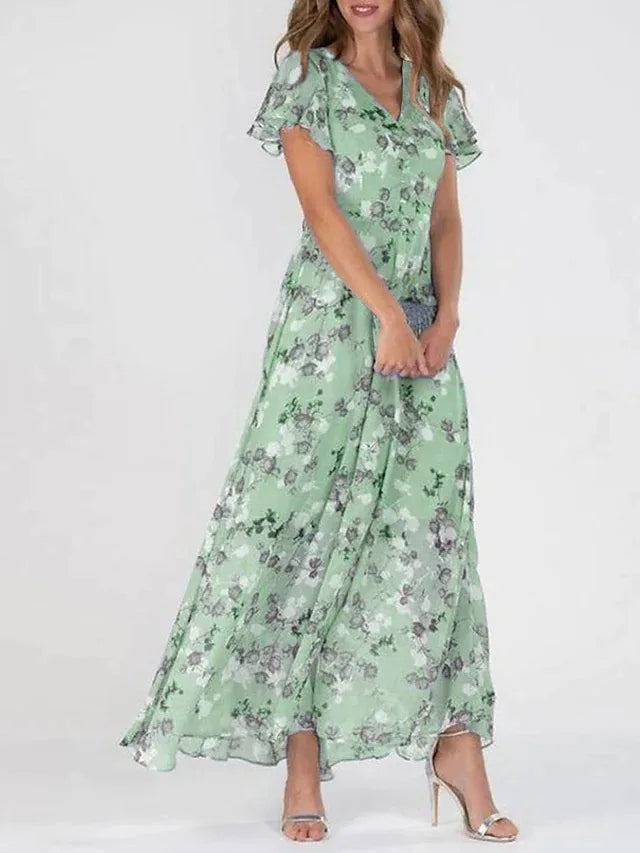 Women's Elegant Floral Flutter Sleeve V-Neck Maxi Dress