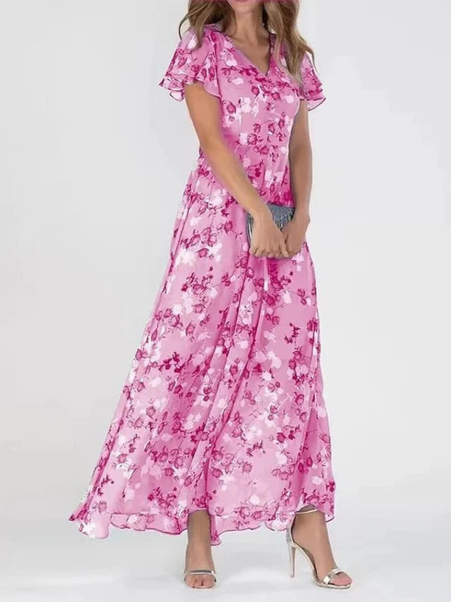 Women's Elegant Floral Flutter Sleeve V-Neck Maxi Dress