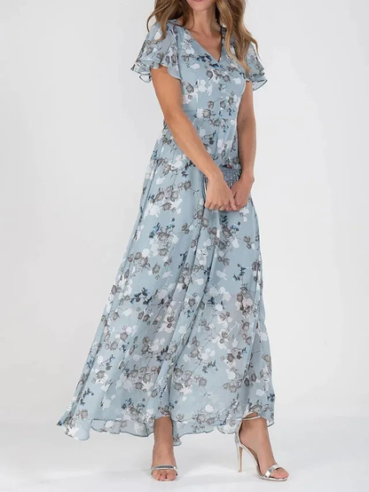 Women's Elegant Floral Flutter Sleeve V-Neck Maxi Dress