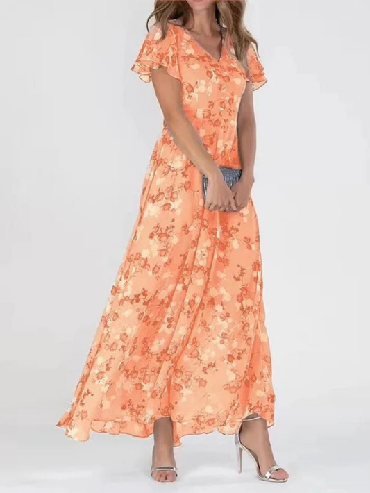 Women's Elegant Floral Flutter Sleeve V-Neck Maxi Dress