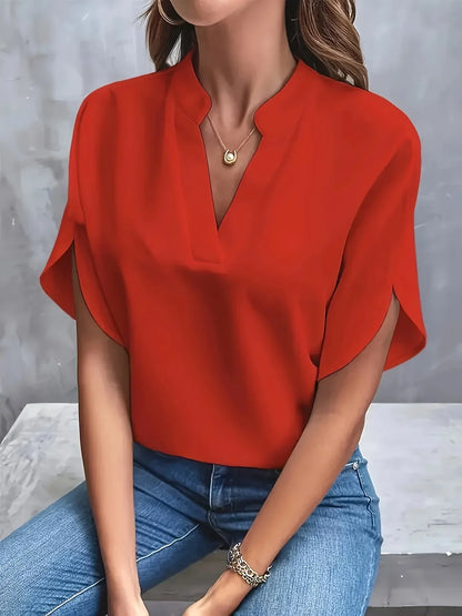 V-Neck Blouse Women Loose Fit Short Sleeve
