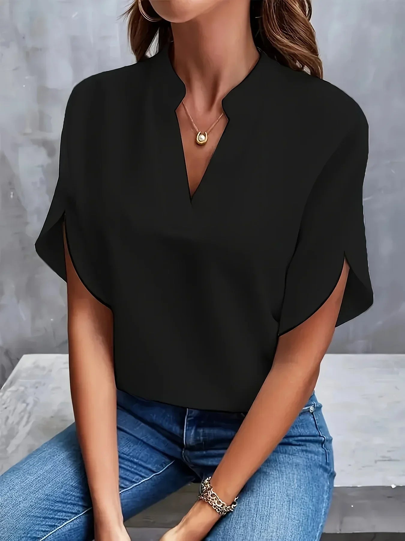 V-Neck Blouse Women Loose Fit Short Sleeve