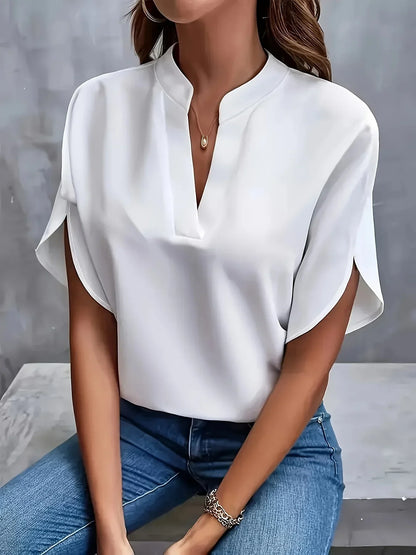 V-Neck Blouse Women Loose Fit Short Sleeve
