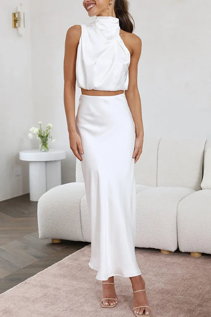 Elegant Halter Neck Draped Crop Top & Flowing Skirt Evening Outfit