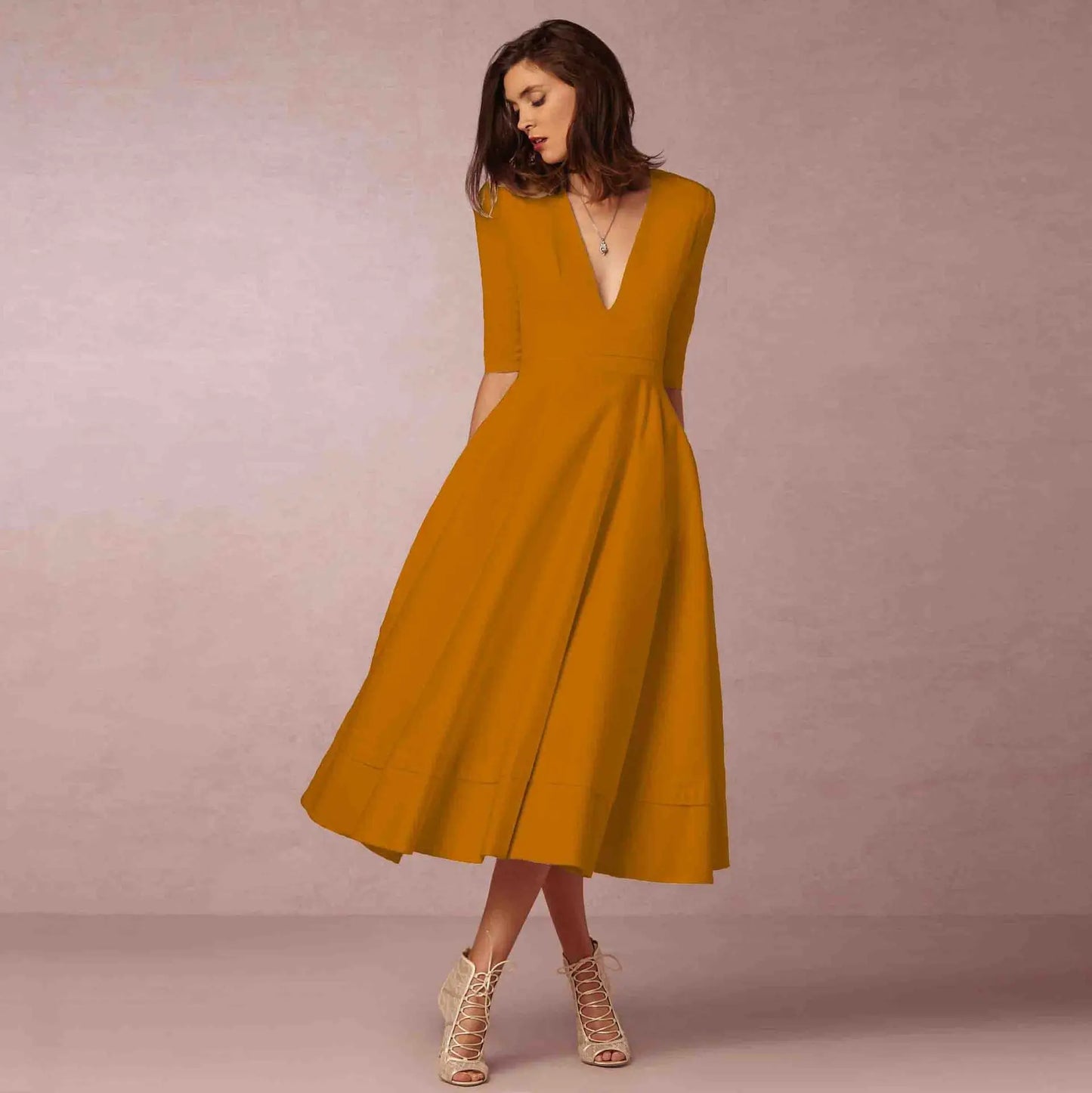 Elegant V-Neck Elbow-Sleeve Midi Dress