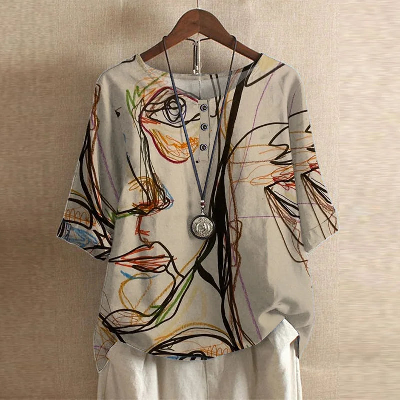 Women's Short Sleeve Round Neck Vintage Floral Blouse
