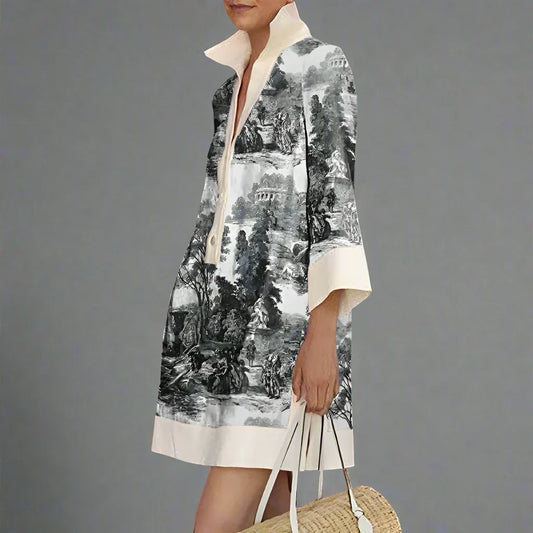 Vintage Toile Print Mini Tunic Dress for Women