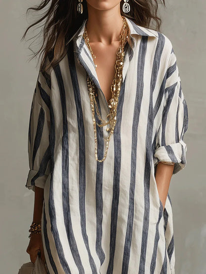 Women’s Striped Oversized Shirt Dress with Side Pockets