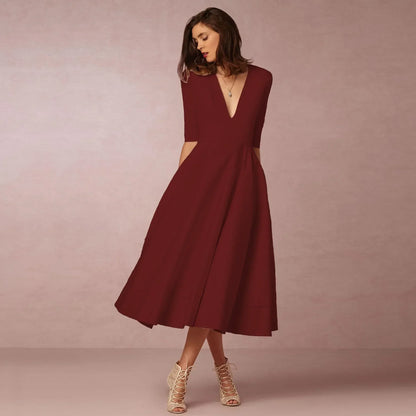 Elegant V-Neck Elbow-Sleeve Midi Dress