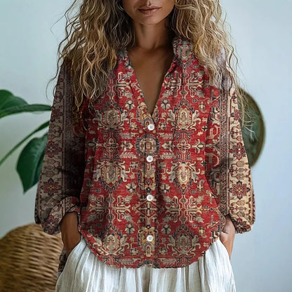Women's Relaxed Boho V-Neck Blouse with Long Sleeves