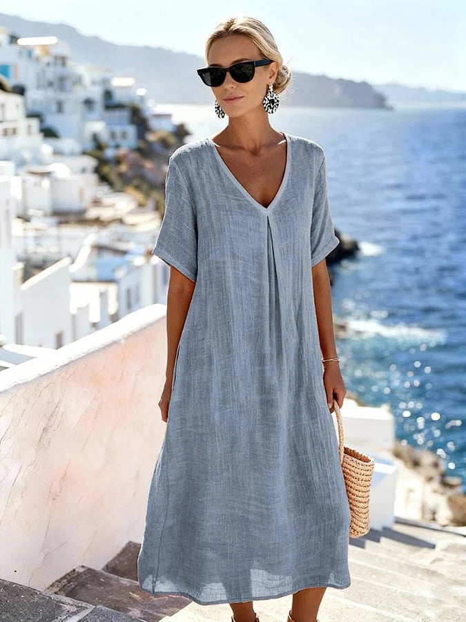 Women’s Relaxed V-Neck Midi Dress with Short Sleeves