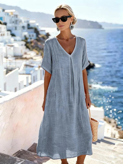 Women’s Relaxed V-Neck Midi Dress with Short Sleeves