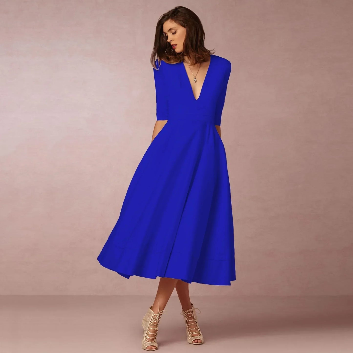 Elegant V-Neck Elbow-Sleeve Midi Dress