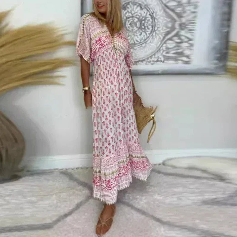 Women's Loose V-Neck Boho Print Maxi Dress with Border Detail