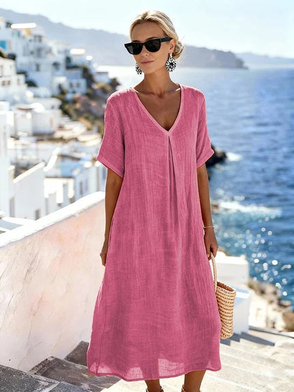 Women’s Relaxed V-Neck Midi Dress with Short Sleeves