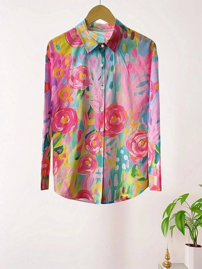 Colorful Artistic Floral Button-Up Blouse for Women