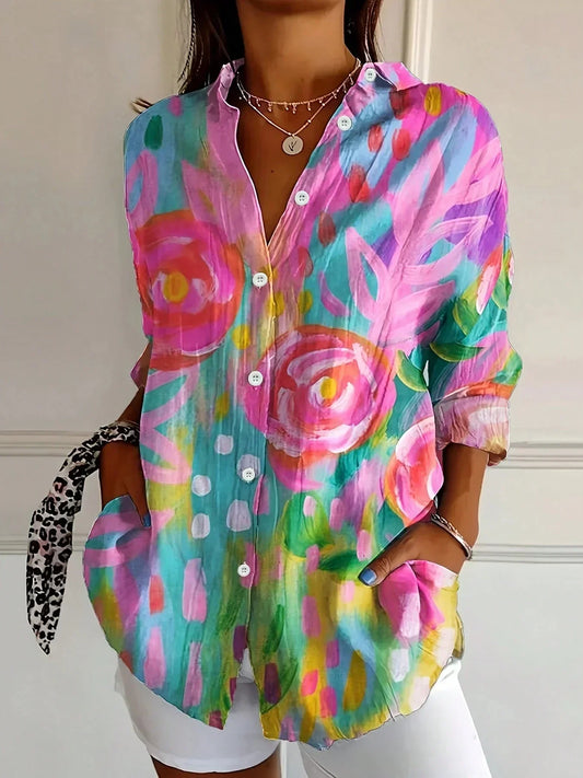 Colorful Artistic Floral Button-Up Blouse for Women
