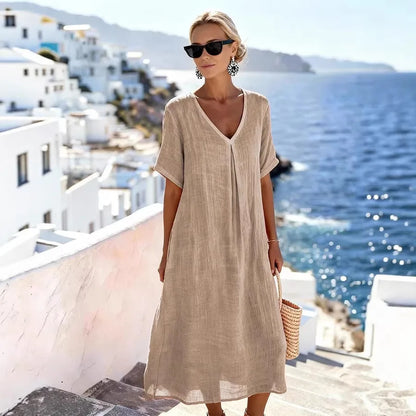 Women’s Relaxed V-Neck Midi Dress with Short Sleeves
