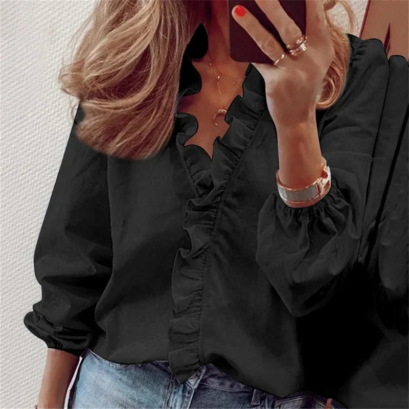 Ruffle V-Neck Long Sleeve Blouse for Women