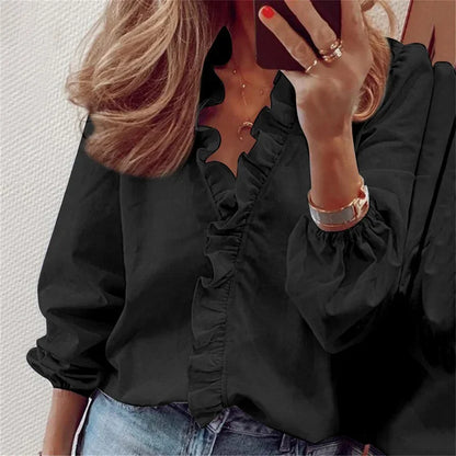 Ruffle V-Neck Long Sleeve Blouse for Women