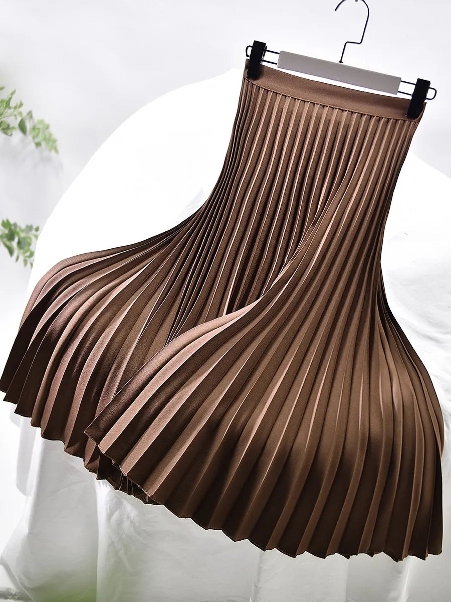 Elegant High Waist Pleated Midi Skirt for Women