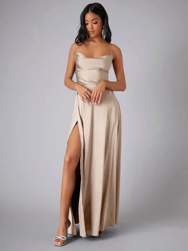 Alvaree Satin Maxi Evening Dress with High Slit and Open Back