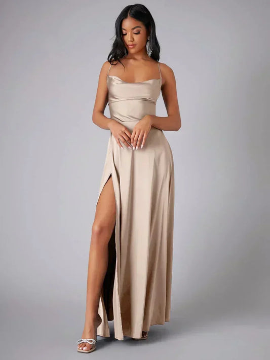 Alvaree Satin Maxi Evening Dress with High Slit and Open Back