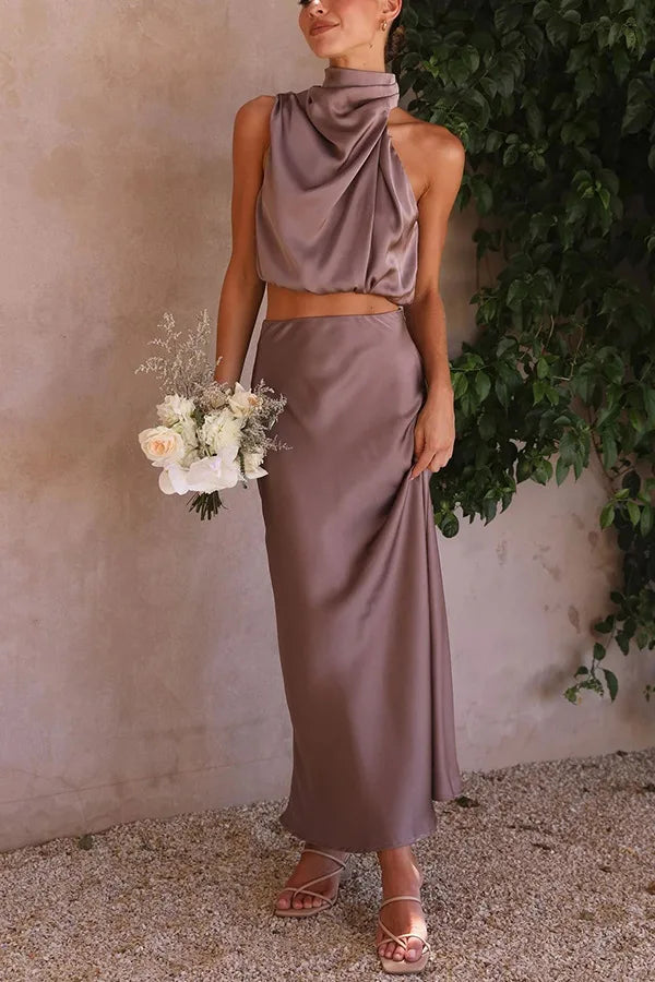 Elegant Halter Neck Draped Crop Top & Flowing Skirt Evening Outfit